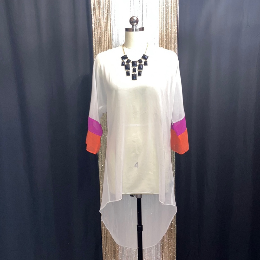 Lightweight White High-Low Tunic with Pink & Orange Sleeve Accents
